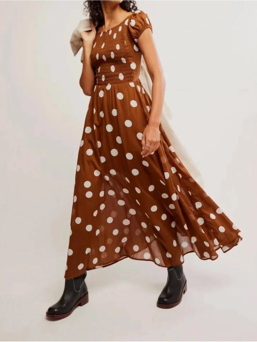 Free People Brown Maxi Dress with White Polka Dots